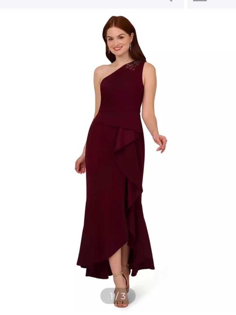 Adrianna Papell One-Shoulder Burgundy Ruffle Gown-wedding guest